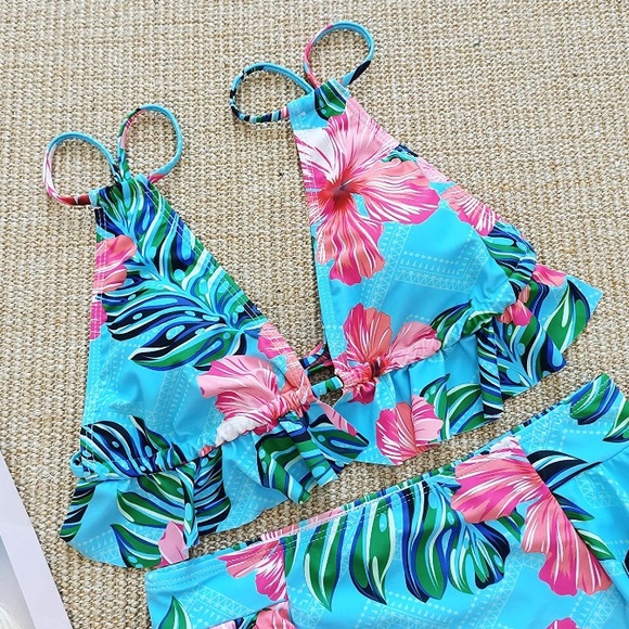 High Waist Ruffle Bikini Aqua Pink Palm Print M/L - Picture 4 of 6